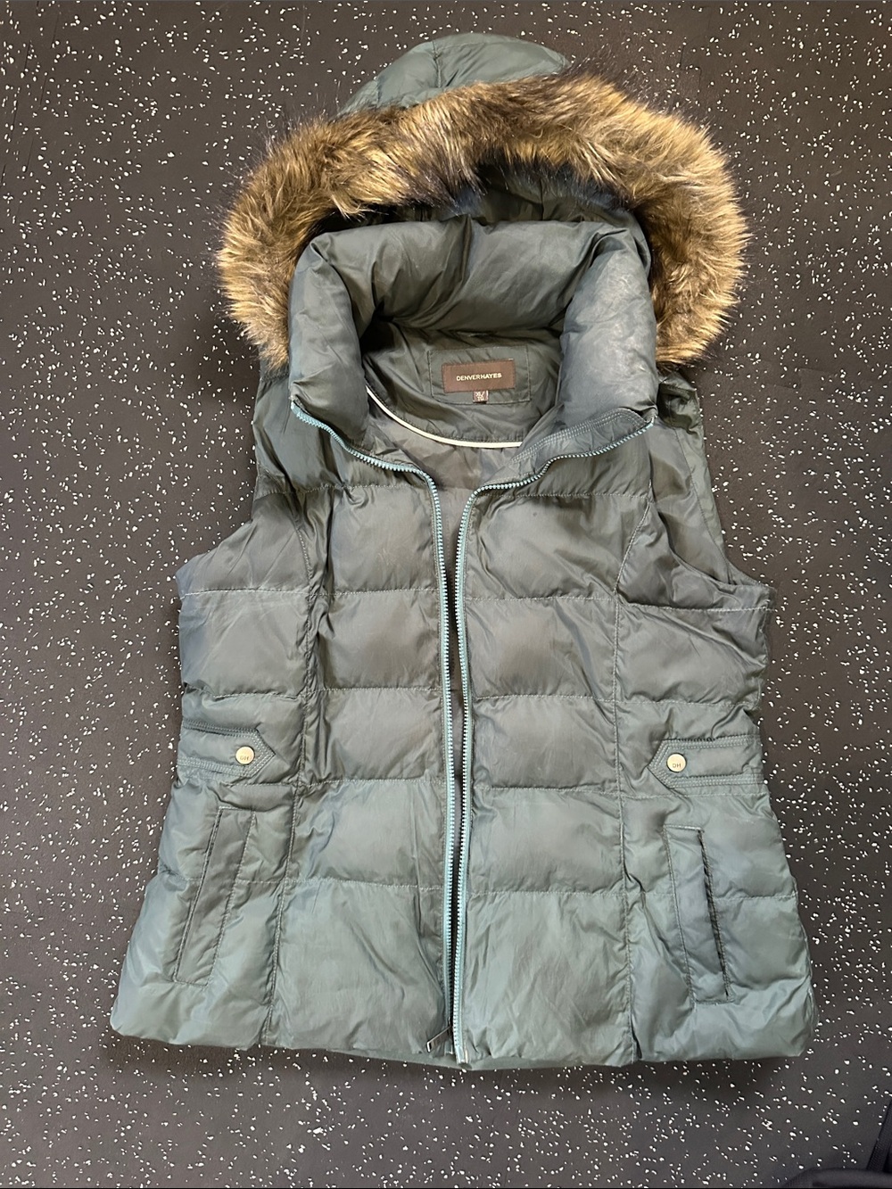 Quilted Puffer Hooded Vest with Faux Fur Trim - Green - Removable Hood